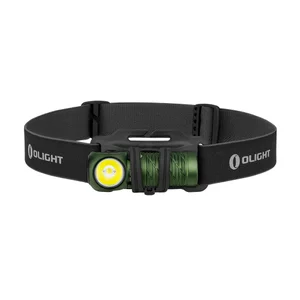 OLIGHTのロゴが付いた黒いストラップに固定された、動作中のLED電球を備えた緑色のヘッドランプ。