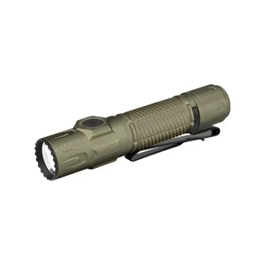 Olight Warrior Ultra ODグリーン タクティカルライト 斜め俯瞰 ポケットクリップとローレット加工付き アウトドアや防災用の高輝度LED懐中電灯