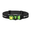 Olight Perun Miniヘッドランプ、黒のヘッドバンド、緑の懐中電灯、白背景