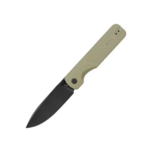 ミリタリーカーキ色のハンドルと黒いブレードを備えた折りたたみナイフ。