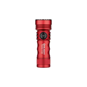 Olight Seeker 4 Mini レッド 充電式LED懐中電灯の正面写真。グリップしやすいコンパクトボディと黒いサイドスイッチが特徴で、アウトドアや防災、日常のEDCに最適な超強力ハンディライト。