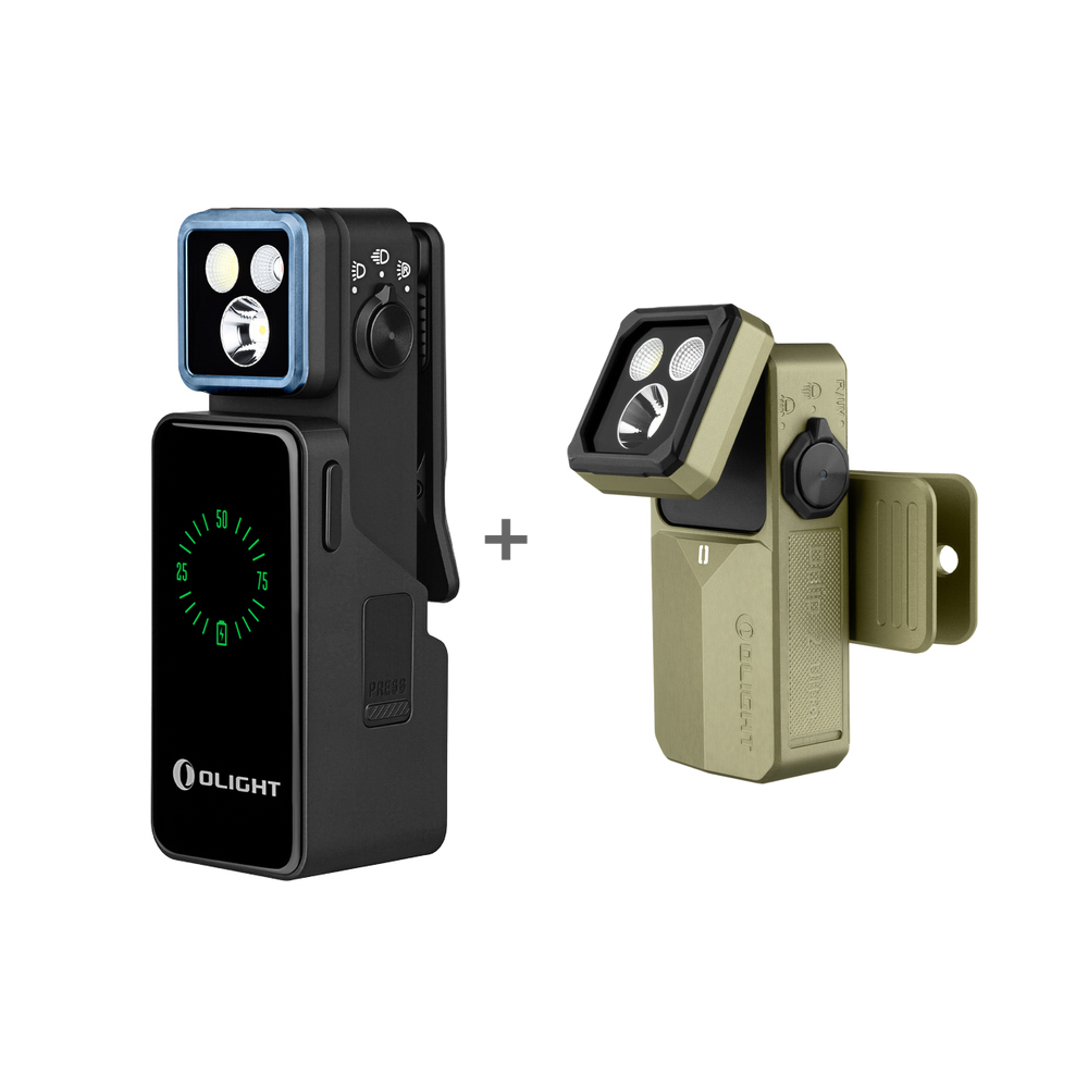 Olight Oclip 2 Ultraのブラックとグリーン。クリップ付きの角度調整可能なLEDヘッド、緑色のバッテリー残量インジケーターを搭載した、アウトドアや防災、日常使いに最適な超小型で多機能なクリップライト。