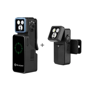Olightの黒いOclip 2 Ultra小型EDCライト。デジタル残量表示の正面と、クリップ付きで角度調整可能なヘッドの側面を示した、アウトドアや日常使いに最適なクリップライトの製品画像。