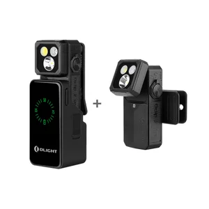 Olightの黒いOclip 2 ProとOclip 2 Ultraクリップライト、充電ベースと可動式LEDヘッド、磁気クリップ仕様でアウトドアや日常使いに最適