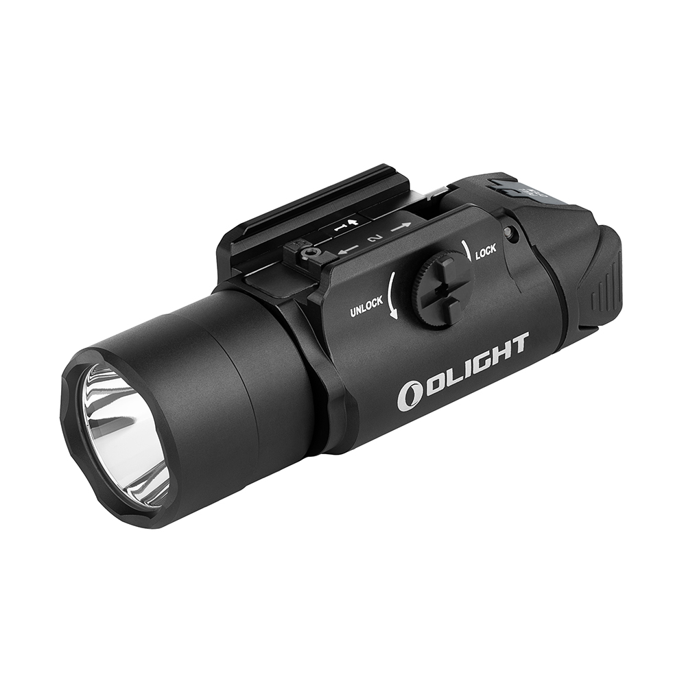 Olight ブラック PL Turbo タクティカルライト、サイドビュー、ロック/アンロックメカニズムとレールマウント付き、戦術的用途に最適