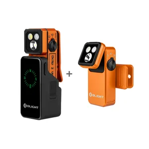 Olightのオレンジ色クリップライトOclip 2 UltraとOclip 2 Pro、デジタルバッテリー残量表示と角度調整可能なLEDライトヘッドを備えたアウトドアや夜間用の多機能小型懐中電灯