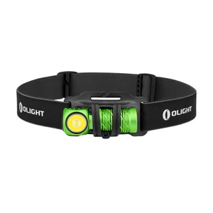 Olight Perun Miniヘッドランプ、黒のヘッドバンド、緑の懐中電灯、白背景