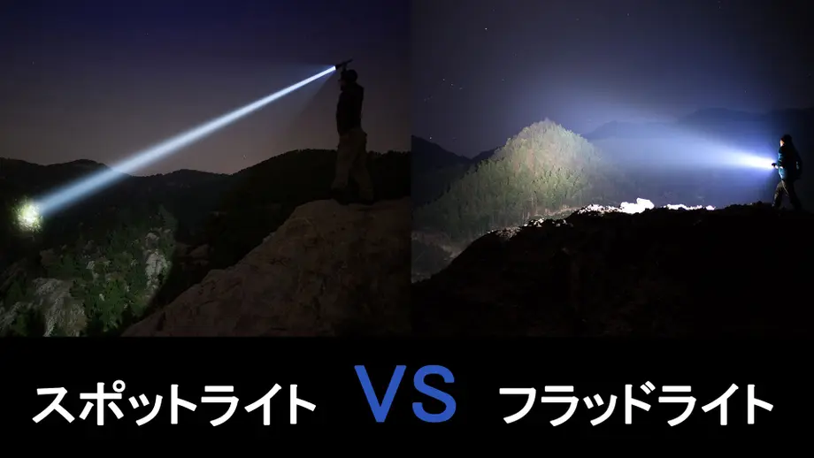 スポットライトとフラッドライトの比較。山頂でそれぞれライトを持つ人が、夜の山を照らしている。