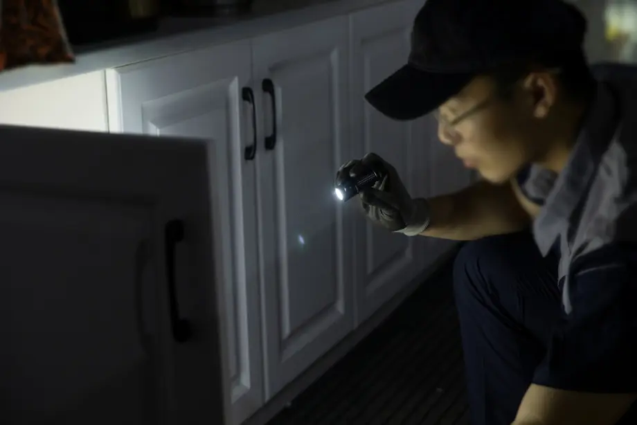暗い場所で懐中電灯を使い、キャビネット内部を点検する技術者