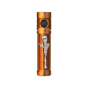 Olight Perun 2 Mini オレンジ ハロウィン限定スケルトン柄 小型EDCライトの正面クローズアップ 停電対策やアウトドア防災用