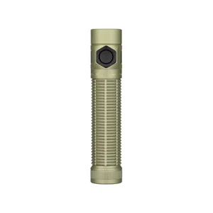 Olight カーキ Baton Ultra 懐中電灯正面図、高輝度照明と滑り止め加工でアウトドアに最適