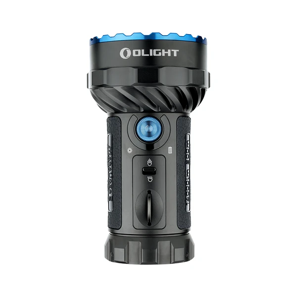 Olight Marauder 2懐中電灯、青いベゼル、コントロールパネル、充電ポート、および照射モードのクローズアップ