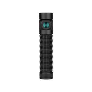 OlightのブラックBaton Ultraは、中央にグリーンのボタンとテクスチャ加工されたグリップを備えたEDCフラッシュライトで、日常使いやアウトドアに最適です。