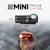 Olight Perun 3 Miniの黒い超小型ヘッドライト。青いベゼルとテクスチャグリップが特徴で、寸法表示と共に手のひらサイズのコンパクトな懐中電灯として、日常やアウトドアで活躍します。