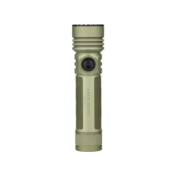 Olight Seeker Ultra カーキグリーン強力LED懐中電灯の正面外観、滑り止めグリップとロータリースイッチ付き、アウトドアやキャンプの防災用高輝度ライト