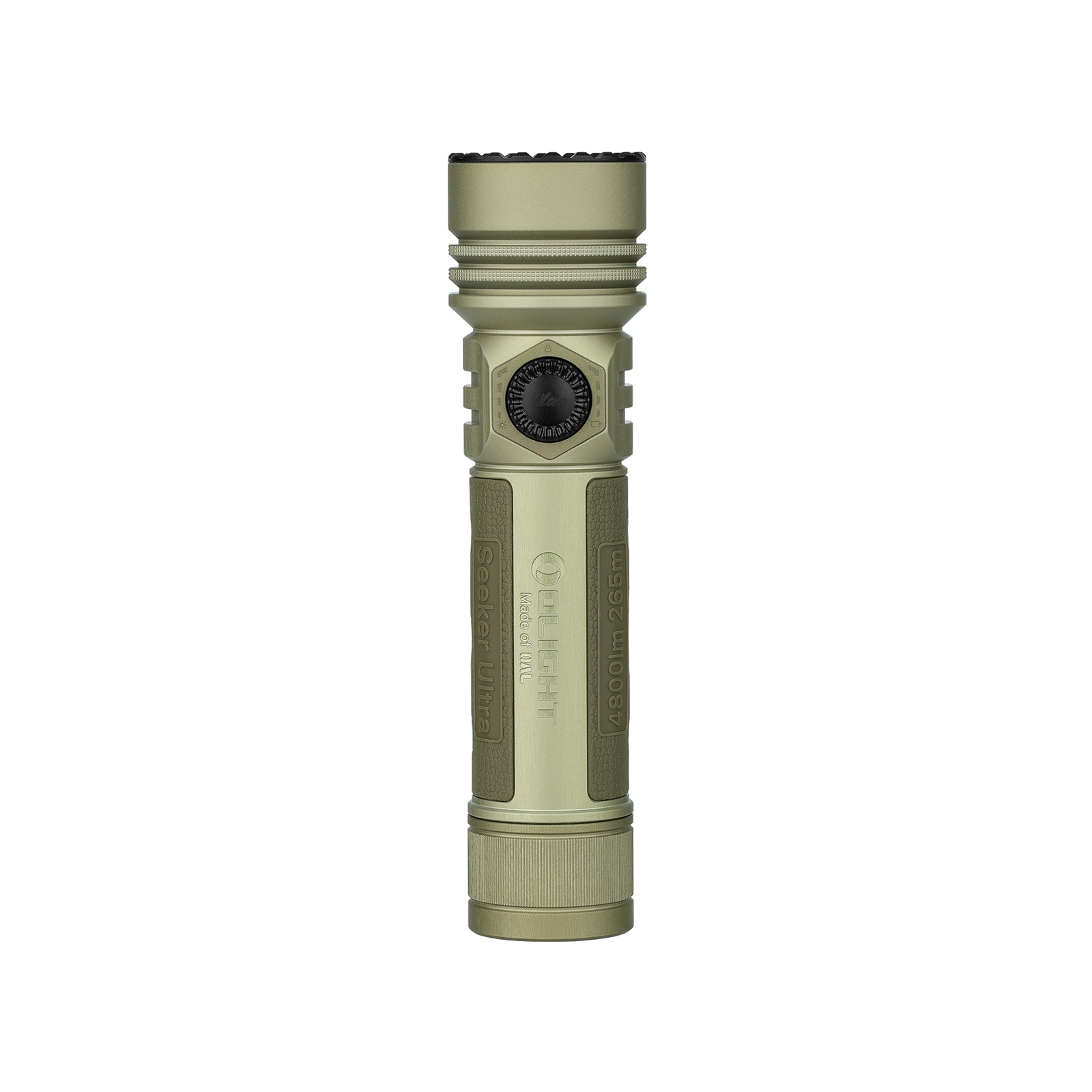 Olight Seeker Ultra カーキグリーン強力LED懐中電灯の正面外観、滑り止めグリップとロータリースイッチ付き、アウトドアや災害対策用防災ライト