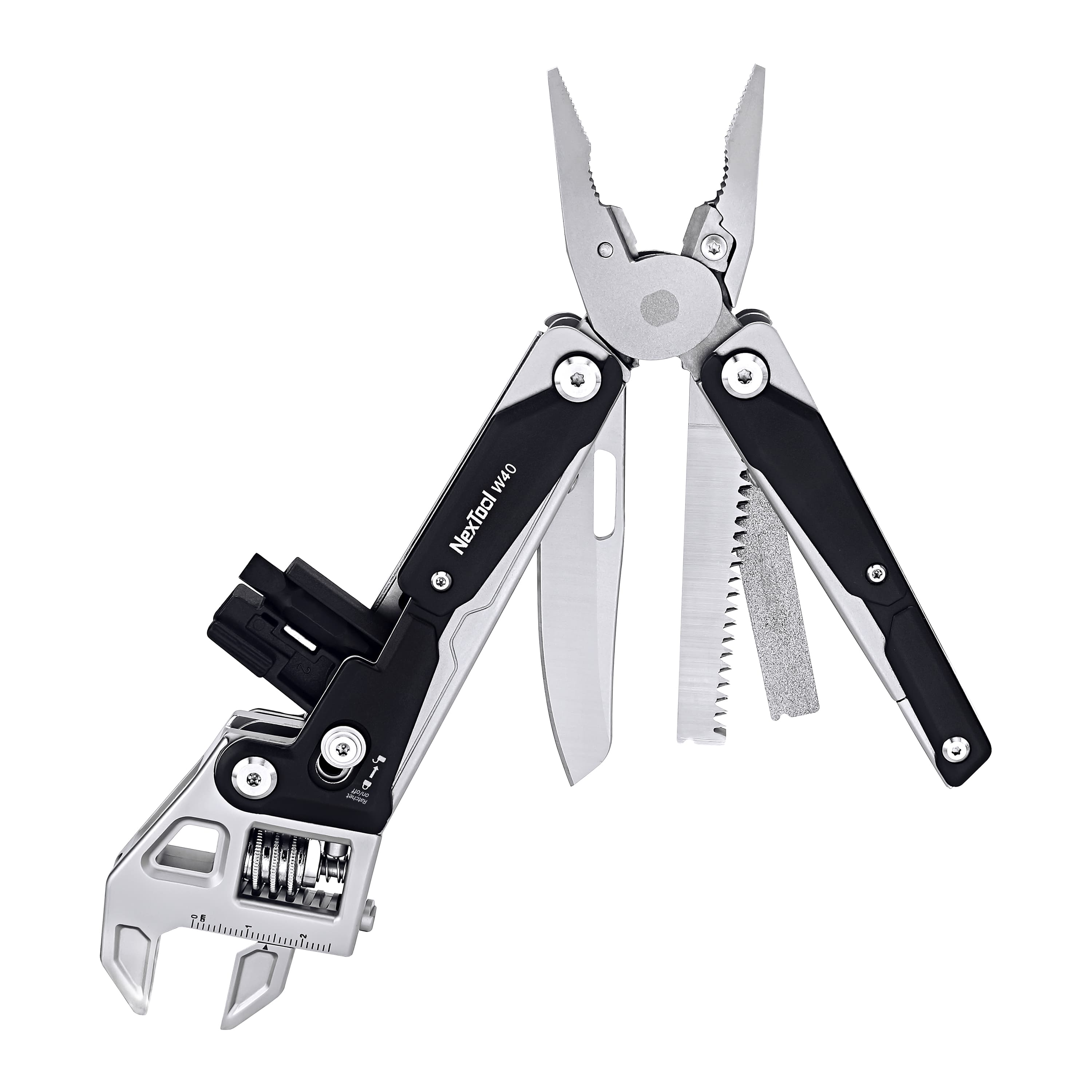 NexTool W40マルチツール、モンキーレンチ、ペンチ、ナイフ、のこぎり、ヤスリを搭載した多機能プライヤー、白背景