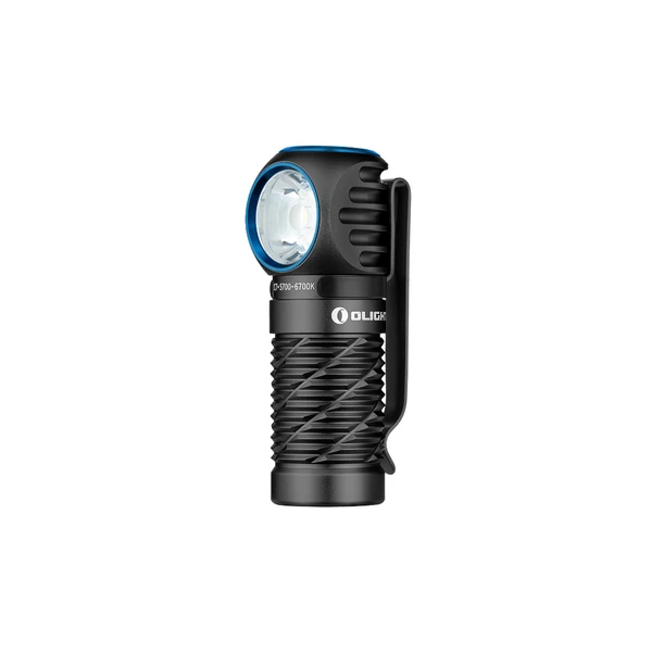 Olight Perun 3 Mini ブラックの本体にブルーのアクセントが映える側面ビュー。テクスチャグリップとポケットクリップを備え、アウトドアや作業に最適なハンズフリーヘッドランプ。