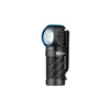 Olight Perun 3 Mini ブラックの本体にブルーのアクセントが映える側面ビュー。テクスチャグリップとポケットクリップを備え、アウトドアや作業に最適なハンズフリーヘッドランプ。
