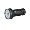 Olight Marauder Mini: 青いベゼルと黒いボディのLED懐中電灯、ハイキングやキャンプ用。