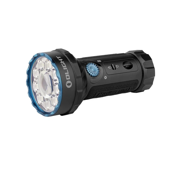 Olight Marauder Mini: 青いベゼルと黒いボディのLED懐中電灯、ハイキングやキャンプ用。