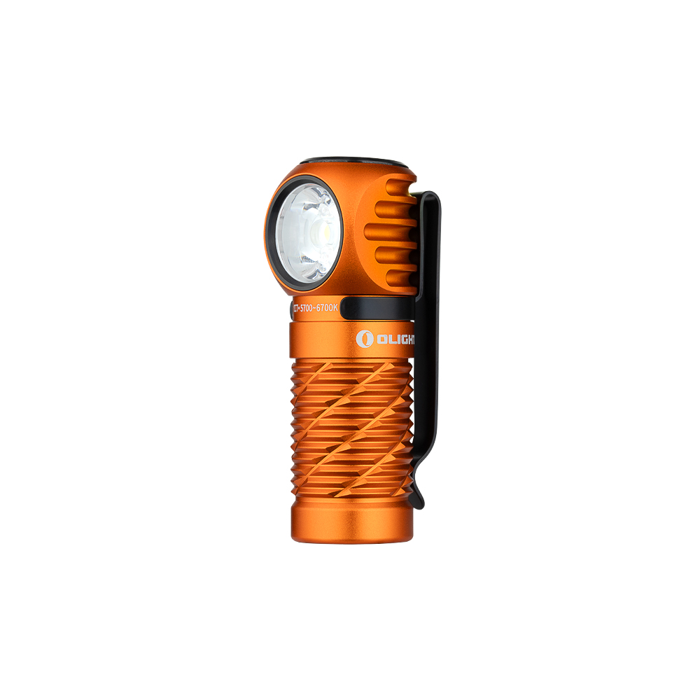 OlightオレンジPerun 3 Mini L字型ライト側面。テクスチャ加工のボディとポケットクリップを備え、アウトドアや作業に最適なコンパクトなヘッドライト。