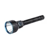 オーライト（Olight）の黒い高性能LED懐中電灯。波状の滑り止めグリップ、青いベゼルリングとサイドスイッチが特徴のタクティカルライト。