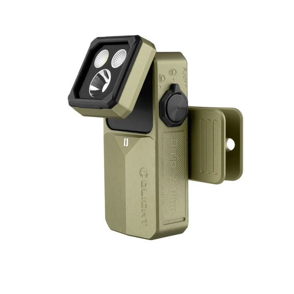 Olight Oclip 2 Ultra オリーブドラブのクリップライトとバッテリーケース、デジタル残量表示のある斜め正面からの製品画像