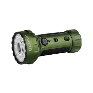 OlightのミリタリーグリーンMarauder Mini 2強力懐中電灯、保護フォーム付き黒ハードキャリングケース収納状態、アウトドアや防災対策用