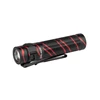 Olight Perun 2 Mini ブラックとレッドのグラデーション Ｌ字型ヘッドライト 斜め上からのアングル 凹凸のある滑り止めグリップとクリップ付きのアウトドアや防災用懐中電灯