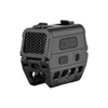 Olight Osight R ブラック ドットサイトの斜め背面クローズアップ、ハニカムシールドと操作ボタンを備えたタクティカル射撃用光学照準器
