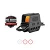 Olightの黒いドットサイトOsight R。斜めからの外観に1万発の実射テスト済みアイコンと3種類を選択できる赤色のレティクル表示を加え、狩猟や射撃競技での耐久性と高い信頼性を伝える製品画像。