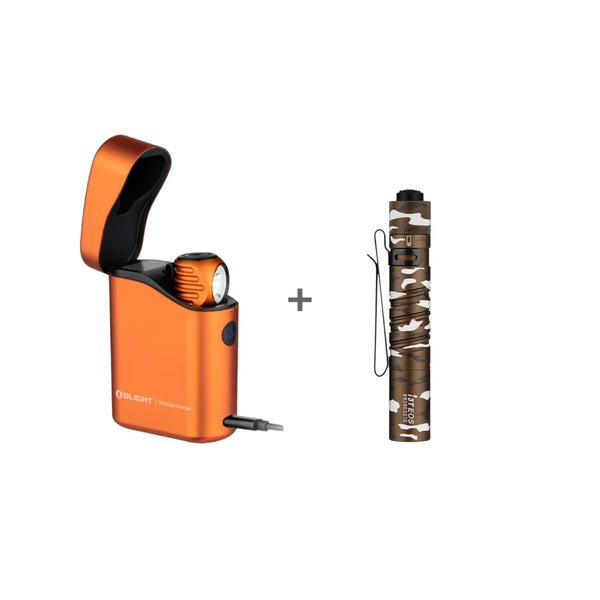 Olight Perun 3 MiniとBaton 4 Premiumオレンジ色の充電ケースと迷彩柄で、アウトドアや緊急時に最適。