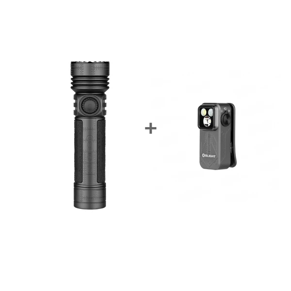 Olightの頑丈なグレーのハンディライトとコンパクトなOclip Proクリップライトのセット、アウトドアや防災用に最適な防水・高輝度LEDフラッシュライトの正面・斜め外観画像