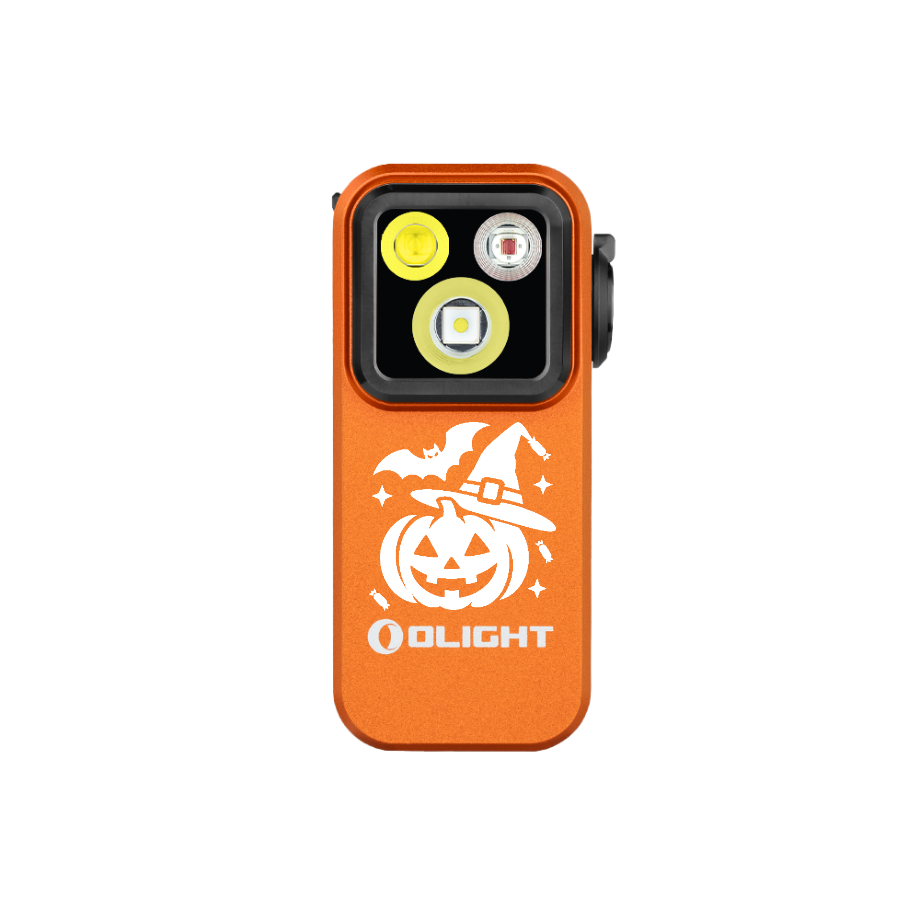 Olightのハロウィン限定オレンジOclip Proクリップライト。正面から見た3つのLED光源とカボチャやコウモリのイラストが特徴で、夜間照明やアウトドア、EDC防災グッズに最適です。