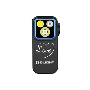 Olight ブラック Oclip Pro LEDキーライト 正面、白色「Love」ロゴ付き、コンパクトな日常携帯用