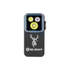 Olightの黒いクリップライトOclip 2 Proの正面画像。トナカイのロゴと3つのLED光源を備え、アウトドアや夜間作業の防災用ハンディライトとして最適です