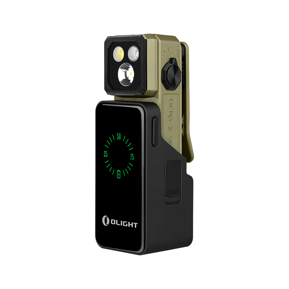 Olight Oclip 2 Ultra オリーブドラブのクリップライトとバッテリーケース、デジタル残量表示のある斜め正面からの製品画像