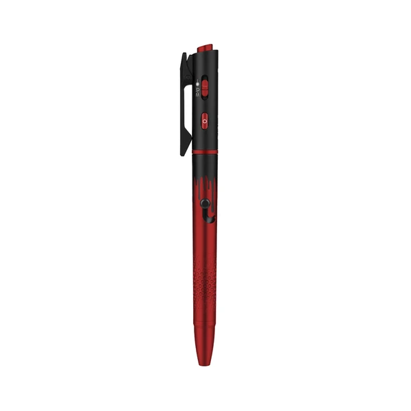 Olight Open 3 レッド＆ブラック LEDライト搭載ボールペン 側面図 クリップとスイッチ付き 日常携帯やビジネス用の多機能ペンライト