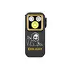 死神のイラストが描かれた黒いOlight Oclip Pro Sクリップライトの正面。ゴールドベゼルに3つのLED光源を搭載し、夜間作業やアウトドア、日常のEDCに最適なコンパクトなフラッシュライト。