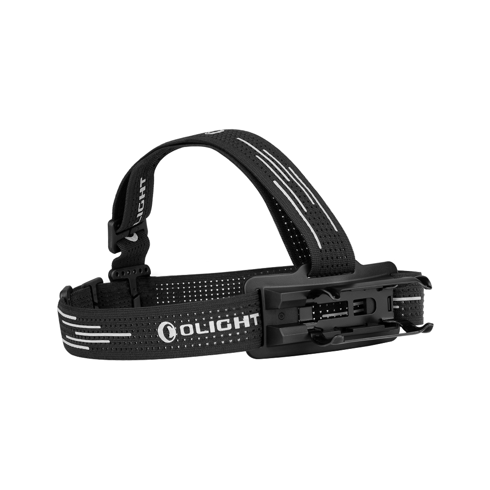 OlightのブラックPerun 3ヘッドバンド、サイドビュー、ヘッドランプ用フィット感の良いマウント付き