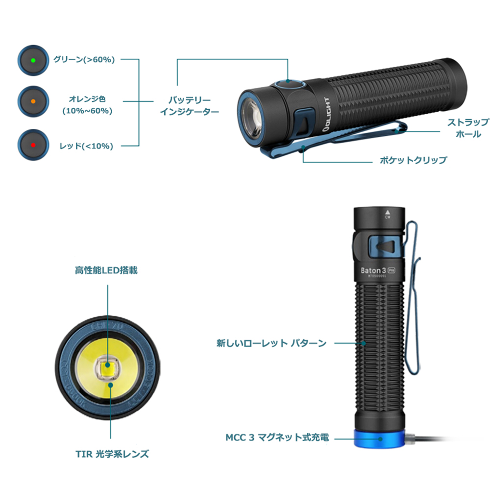 Olight Baton 3 Pro LED懐中電灯 強力 1500ルーメン 磁気充電式 IPX8